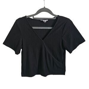 Capella Women's L Short Sleeve Wrap Front Top Solid Black V-Neck Minimalist